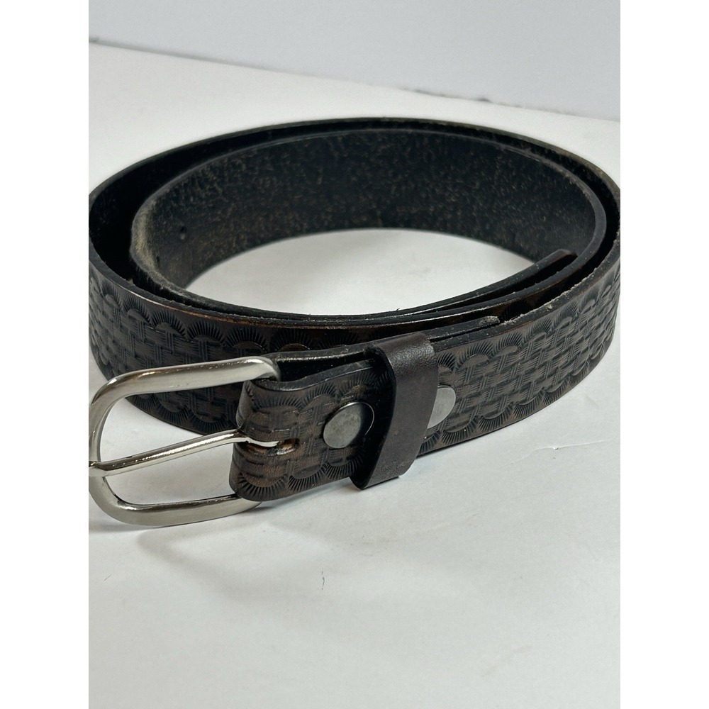 Vintage Western Brown Leather Belt Basketweave Tooled Solid Brass Buckle Size 36